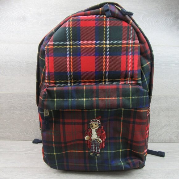 Polo Ralph Lauren Polo Bear Red Navy Plaid Check Backpack School Travel - Picture 2 of 16
